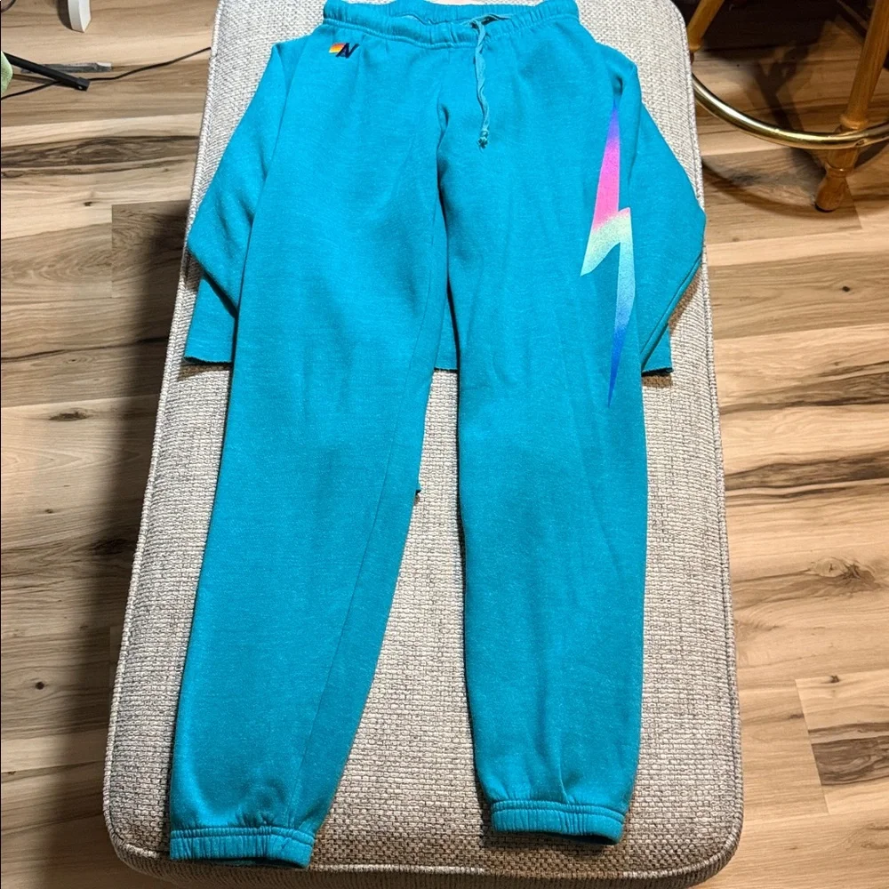 Aviator Nation Bolt Gradient Teal SET Cropped Pullover and Sweatpants Both Small - Picture 3 of 7